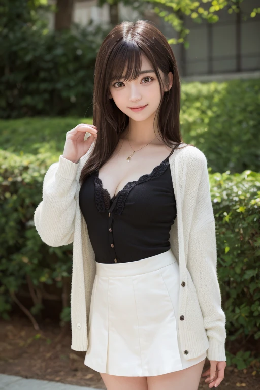 Laughter、smile、night、born、(((ultimate beauty portrait)))、((glowing skin))、1 girl、15 year old beautiful girl from Prague、bright look、((brown hair))、(cleavage)、(flare skirt:1.5)、((Big eyes that shine like jewels))、open cardigan、open your clothes、pantyhose、Glossy and glossy skin、(medium hair)、(silky ponytail hair)、( Are standing)、(from below)、under the skirt、(from below下着の接写)、eyeliner、beautiful bangs、hair between eyes、((masterpiece、最high quality、super detailed、film light、intricate details、High resolution、very detailed))、detailed background、8KUHD、Digital single-lens reflex camera、soft light、high quality、film grain、Film XT3 、shallow depth of field、natural soft light、Kamimei、rich bust、