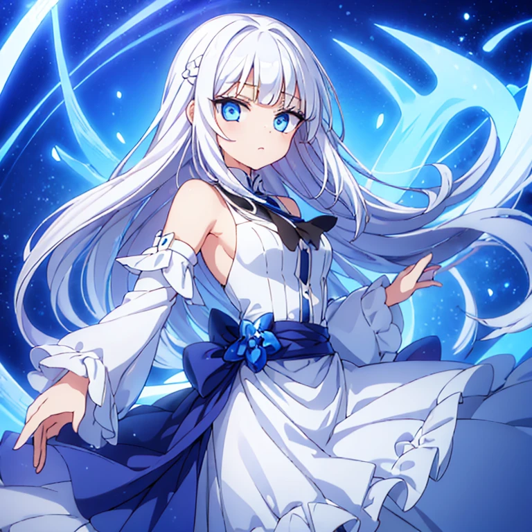girl，white hair，Poker face，ice，magic，long skirt，blue eyes