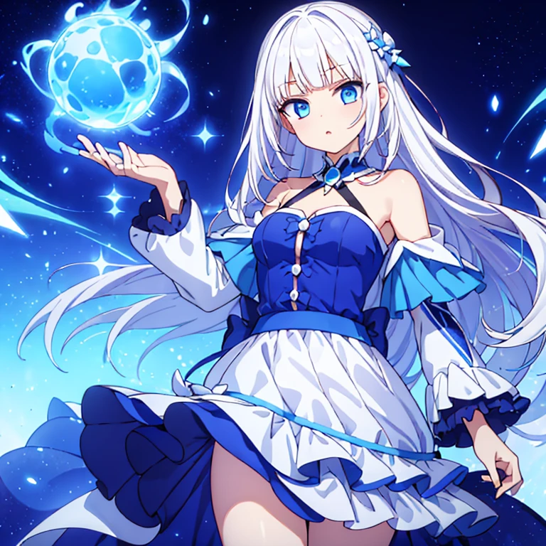 girl，white hair，Poker face，ice，magic，long skirt，blue eyes