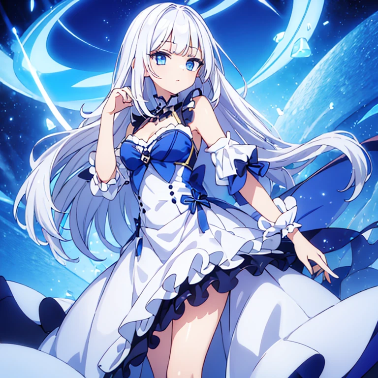 girl，white hair，Poker face，ice，magic，long skirt，blue eyes