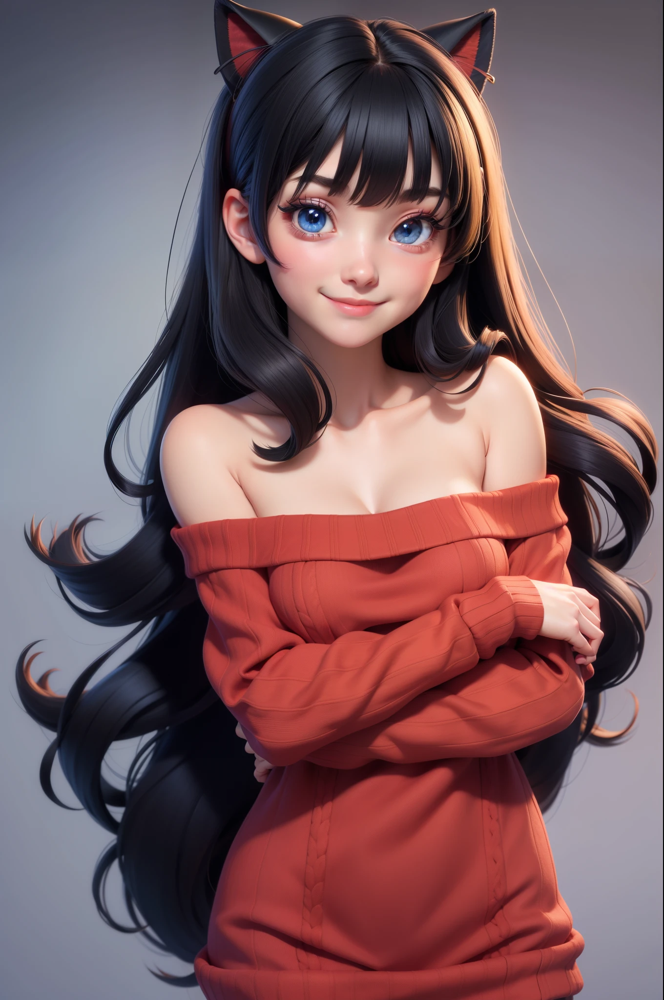 1 girl, Rin Harusaka, alone, Close-up shot,cleavage,Off the shoulder dress,long hair, sweater, red sweater, looking at the audience, black hair, blue eyes, Bangs, sweater, Upper body, parted Bangs, black ribbon, ribbed sweater, Double tail, Smile