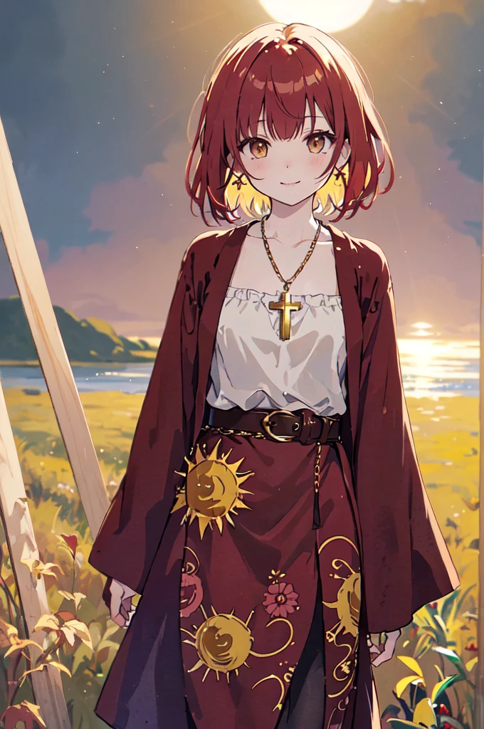 (masterpiece), (best quality), (ultra detailed),(disheveled hair),(illustration), (1woman), ((
long burgundy hippie style skirt)(gold chain type belt with suns)(blue wide-sleeved blouse with yellow sun print)), standing, Fashion model, looking at viewer, (interview), (casual background),beautiful brown eyes, delicate beautiful face, ,(high saturation),(colorful splashes),(shining), kamisato ayaka, red hair, bangs, short hair, (shining), best lighting, best shadow. catholic cross necklace. smiling sexy. blush 