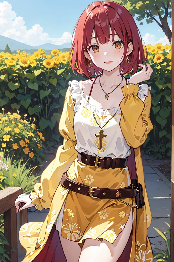 (masterpiece), (best quality), (ultra detailed),(disheveled hair),(illustration), (1woman), ((
long burgundy hippie style skirt)(gold chain type belt with suns)(blue wide-sleeved blouse with yellow sun print)), standing, Fashion model, looking at viewer, (interview), (casual background),beautiful brown eyes, delicate beautiful face, ,(high saturation),(colorful splashes),(shining), kamisato ayaka, red hair, bangs, short hair, (shining), best lighting, best shadow. catholic cross necklace. smiling sexy. blush 