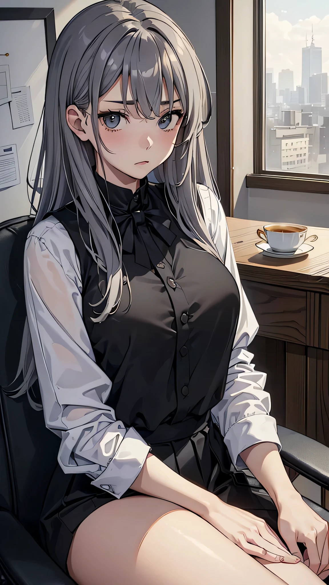 最high quality、best image quality、masterpiece、teenage girl((18-year-old、 By becoming、vest bust、medium bust,wide open breast tea、black eye, gray hair、long hair、thin,highest valley、Black Y-shirt、Black Recruit Suit,Have a document、face forward、sit on a chair、Uncomfortable、take one day off&#39;jaw on one&#39;jaw、leaning forward)),high quality、beautiful art、background((company office))debris flies、Depth of written boundary、movie、visual art、perfect art、8K,genuine