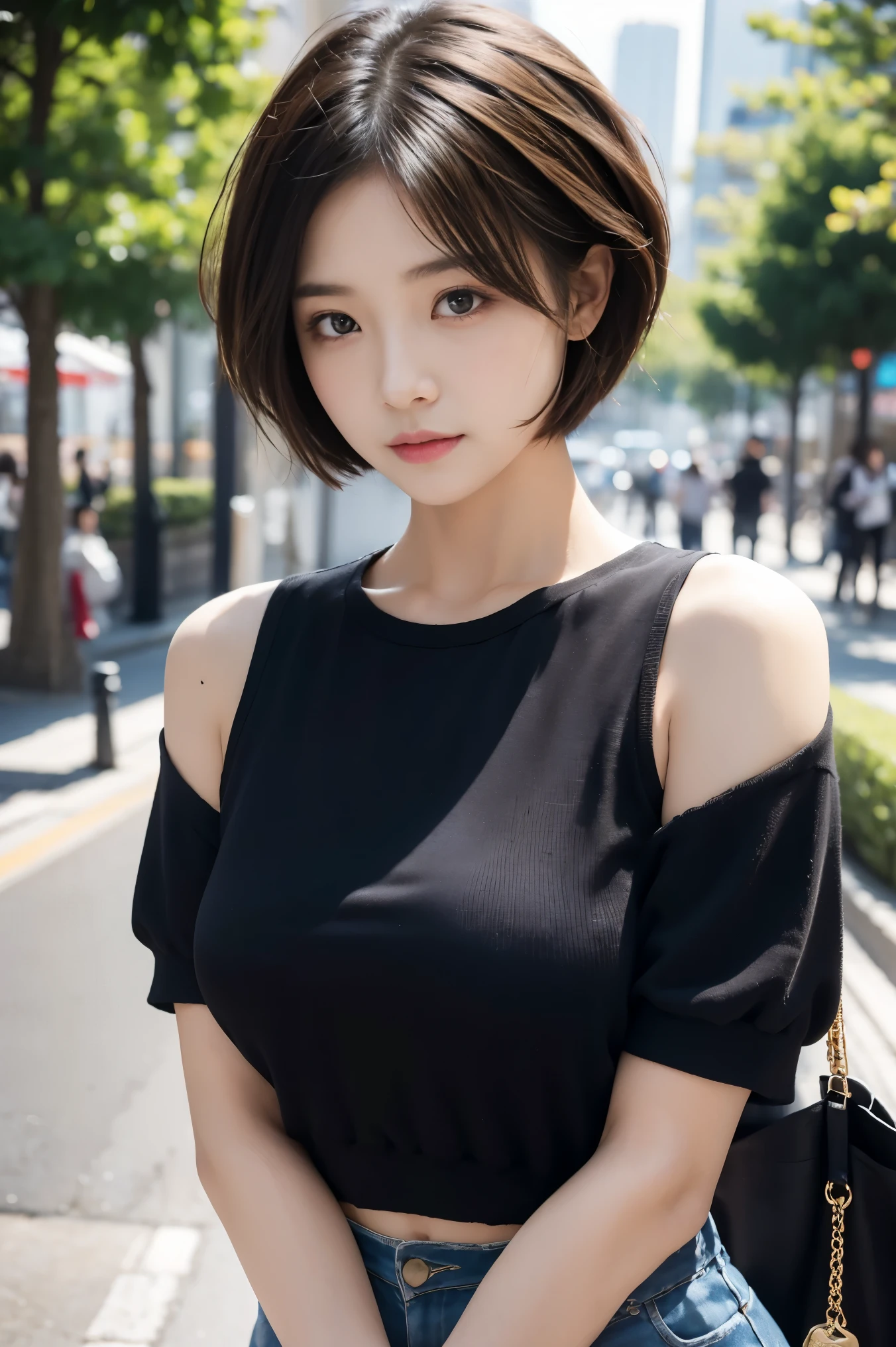 25-year-old girl, short and fine hair, photograph., black top