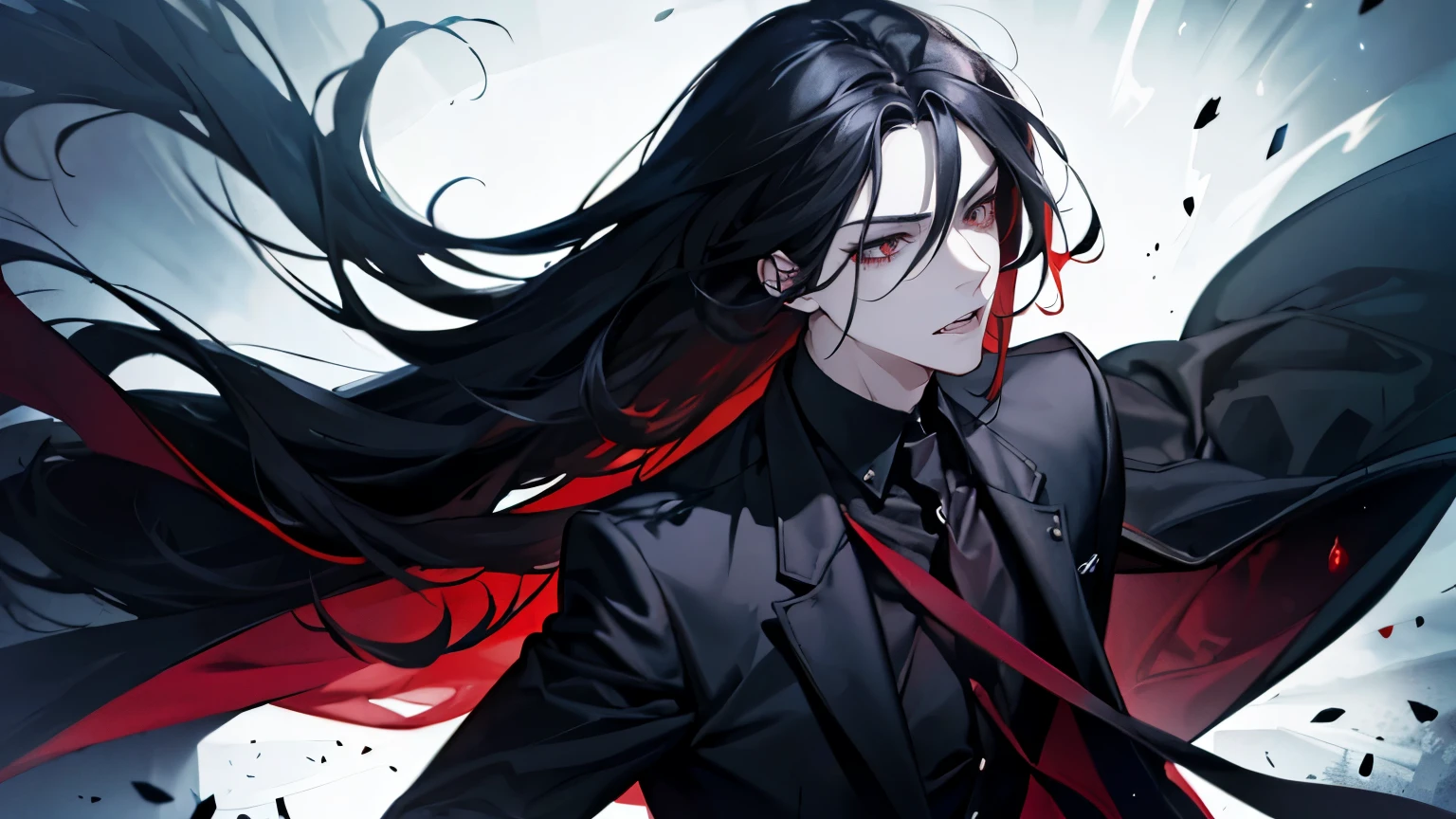 (best quality), 1man,Masculinity,One with long black hair,red eyes,vampire,Open your mouth to show your fangs,Gorgeous dark atmosphere, Wear a black suit,late night
