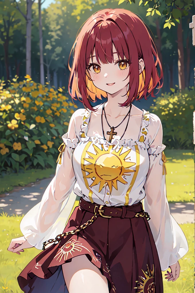(masterpiece), (best quality), (ultra detailed),(disheveled hair),(illustration), (1woman), ((
long burgundy hippie style skirt)(gold chain type belt with suns)(blue wide-sleeved blouse with yellow sun print)), standing, Fashion model, looking at viewer, (interview), (casual background),beautiful brown eyes, delicate beautiful face, ,(high saturation),(colorful splashes),(shining), kamisato ayaka, red hair, bangs, short hair, (shining), best lighting, best shadow. catholic cross necklace. smiling sexy. blush
