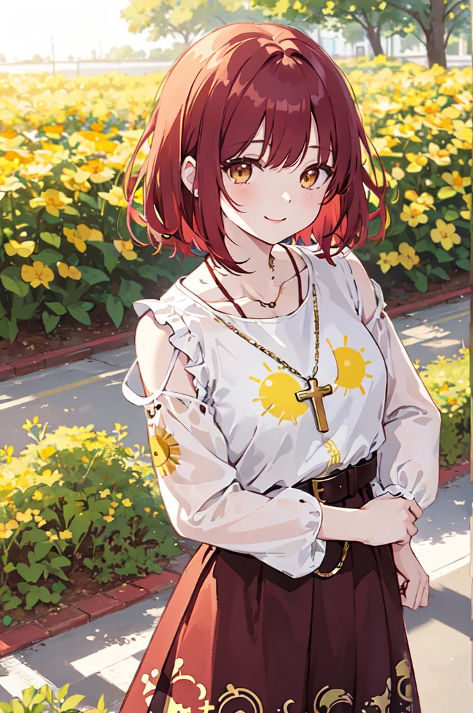 (masterpiece), (best quality), (ultra detailed),(disheveled hair),(illustration), (1woman), ((
long burgundy hippie style skirt)(gold chain type belt with suns)(blue wide-sleeved blouse with yellow sun print)), standing, Fashion model, looking at viewer, (interview), (casual background),beautiful brown eyes, delicate beautiful face, ,(high saturation),(colorful splashes),(shining), kamisato ayaka, red hair, bangs, short hair, (shining), best lighting, best shadow. catholic cross necklace. smiling sexy. blush 