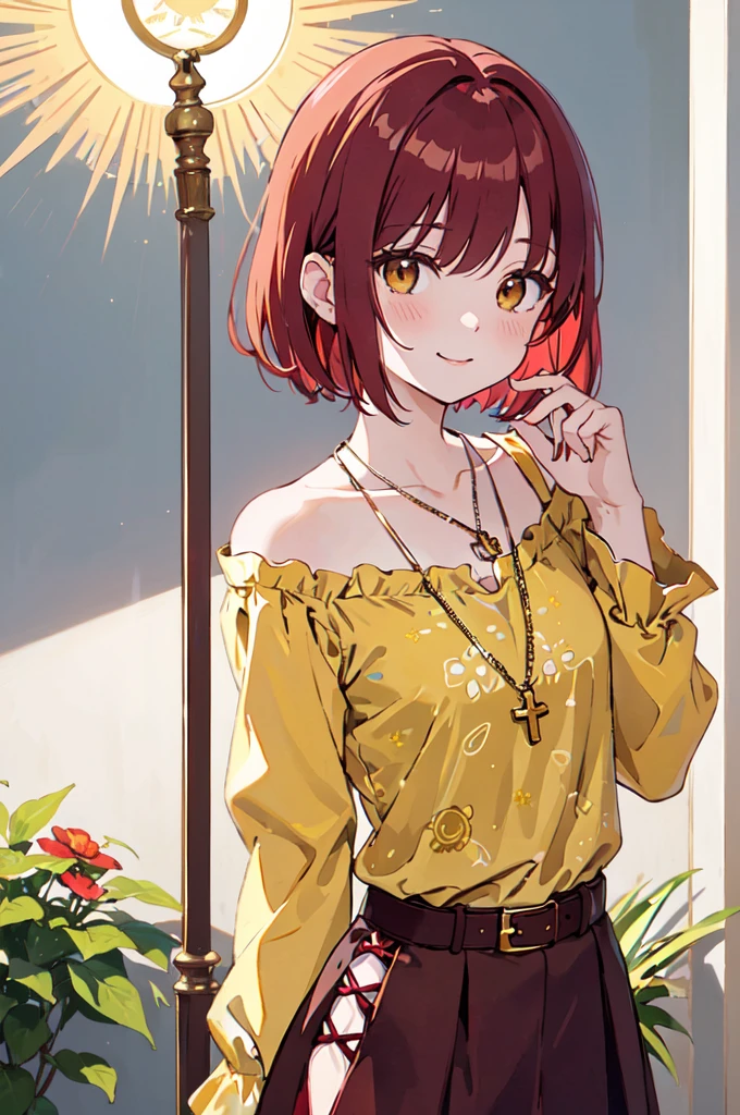 (masterpiece), (best quality), (ultra detailed),(disheveled hair),(illustration), (1woman), ((
long burgundy hippie style skirt)(gold chain type belt with suns)(blue wide-sleeved blouse with yellow sun print)), standing, Fashion model, looking at viewer, (interview), (casual background),beautiful brown eyes, delicate beautiful face, ,(high saturation),(colorful splashes),(shining), kamisato ayaka, red hair, bangs, short hair, (shining), best lighting, best shadow. catholic cross necklace. smiling sexy. blush 