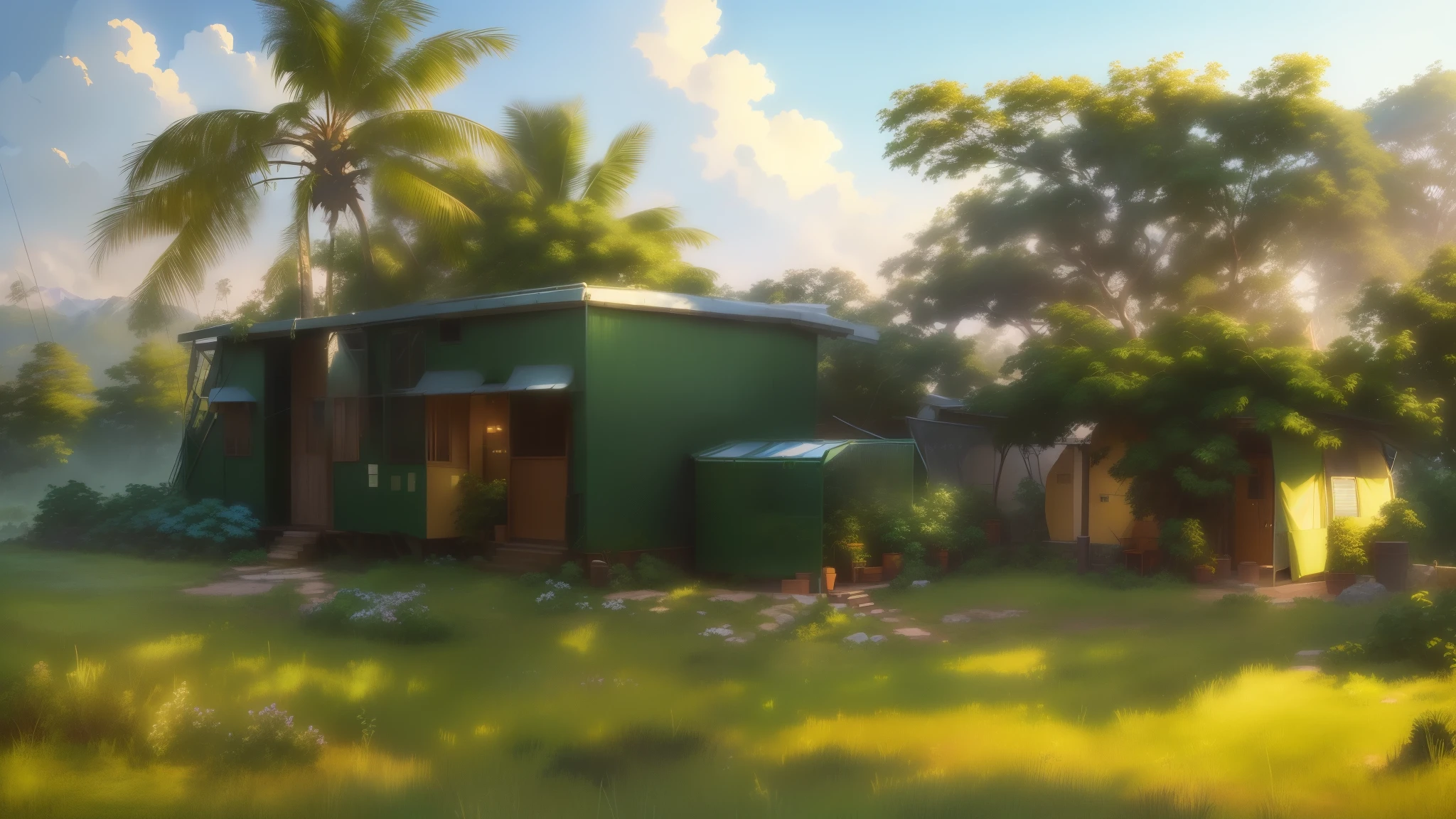 a small greenhouse in the sentar with coconut tree, anime yuru camp, anime lush john 8k woods, painted in anime painter studio, yuru camp, anime background art, anime countryside landscape, style of makoto shinkai, anime scenery, in style of makoto shinkai, makoto shinkai style