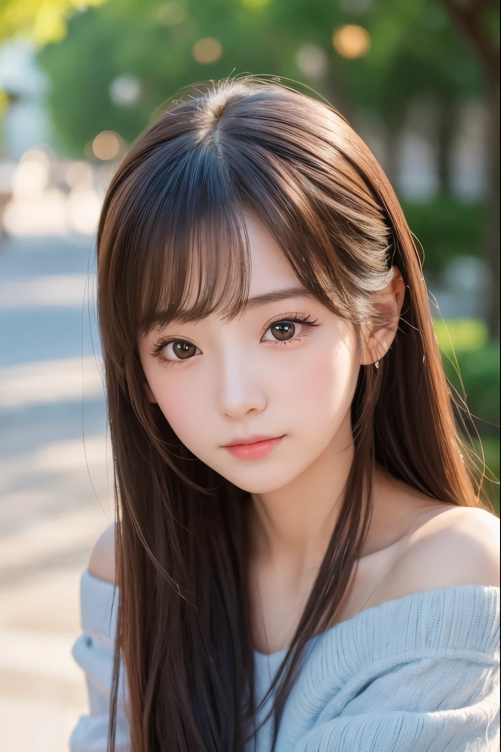 there is a woman with long hair wearing off-shoulder, 奈良美智, sakimichan, with small nose, chiho, with accurate face, cute natural anime face, japanese facial features, clear cute face, kawaii realistic portrait, asian face, 8k selfie photograph, soft makeup
