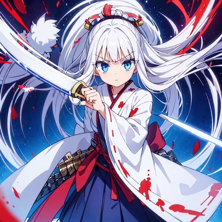 girl,white hair,Poker face,Japanese sword,whole body,Chill,Battle skirt,blood,blue eyes