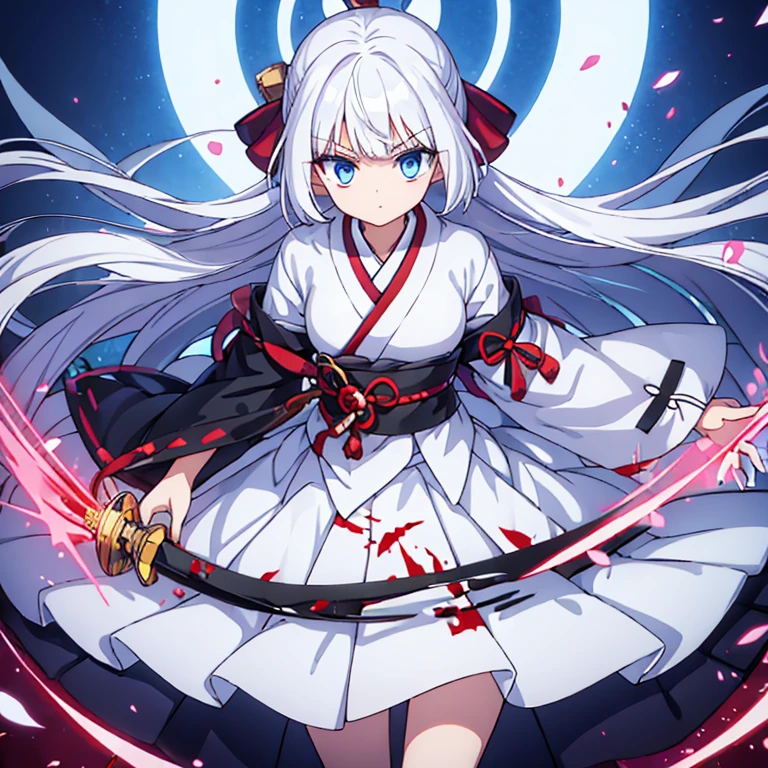 girl，white hair，Poker face，Japanese sword，whole body，Chill，Battle skirt，blood，blue eyes