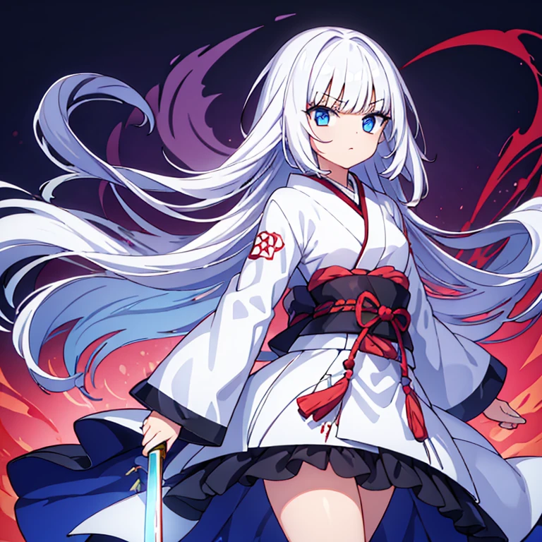 girl，white hair，Poker face，Japanese sword，whole body，Chill，Battle skirt，blood，blue eyes