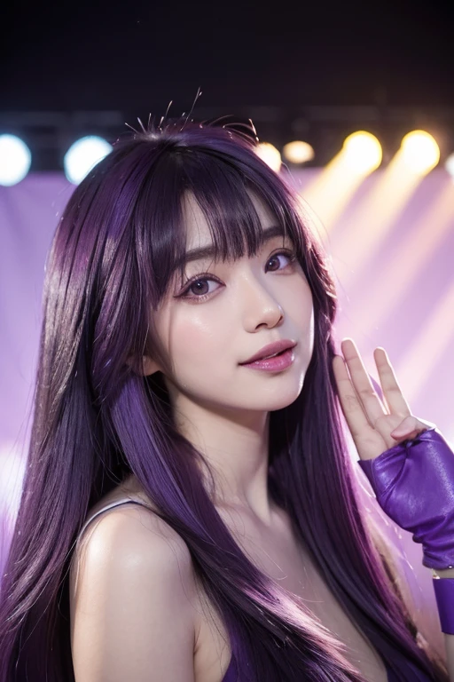 Hosono Ai, Gloves, Tongue sticking out, Tongue, long hair, watch audience, (purple hair: 1.2), purple eyes,, Smile, nude, Idol, Symbol shaped pupil, Raise your hand, Bangs, One side facing up, whole body, Rembrandt, illustration, detail, depth of field, looking at the audience,Tongue out, best quality, high resolution.
