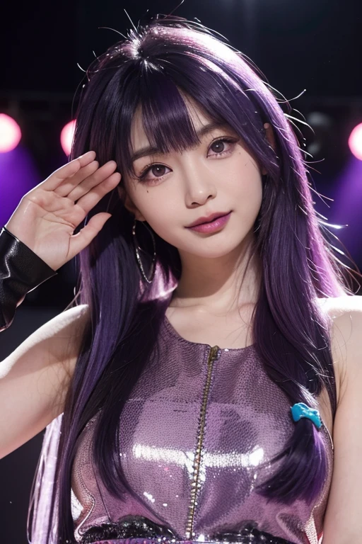 Hosono Ai, Gloves, Tongue sticking out, Tongue, long hair, watch audience, (purple hair: 1.2), purple eyes,, Smile, nude, Idol, Symbol shaped pupil, Raise your hand, Bangs, One side facing up, whole body, Rembrandt, illustration, detail, depth of field, looking at the audience,Tongue out, best quality, high resolution.
