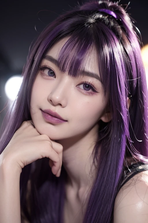 Hosono Ai, Gloves, Tongue sticking out, Tongue, long hair, watch audience, (purple hair: 1.2), purple eyes,, Smile, , Idol, Symbol shaped pupil, Raise your hand, Bangs, One side facing up, whole body, Rembrandt, illustration, detail, depth of field, looking at the audience,Tongue out, best quality, high resolution.