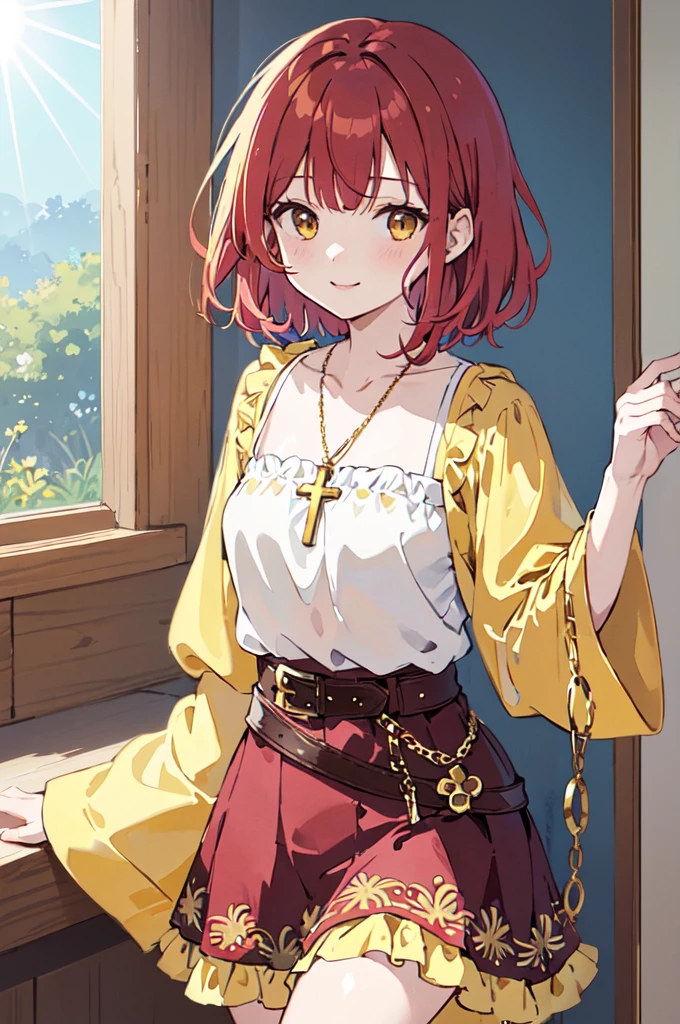 (masterpiece), (best quality), (ultra detailed),(disheveled hair),(illustration), (1woman), ((
long burgundy hippie style skirt)(gold chain type belt with suns)(blue wide-sleeved blouse with yellow sun print)(blue wide-sleeved blouse)), standing, Fashion model, looking at viewer, (interview), (casual background),beautiful brown eyes, delicate beautiful face, ,(high saturation),(colorful splashes),(shining), kamisato ayaka, red hair, bangs, short hair, (shining), best lighting, best shadow. catholic cross necklace. smiling sexy. blush 