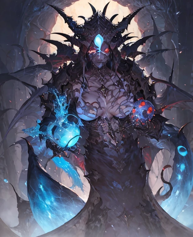 Close-up of a person with a strange face and strange body, mohrbacher, female jin female demon hybrid, Demon Souls concept art, Zinman Female Devil, in the art style of mohrbacher, beautiful biomechanical djinn, God of Eldritch, peter mohrbacher style, Onmyoji detailed art