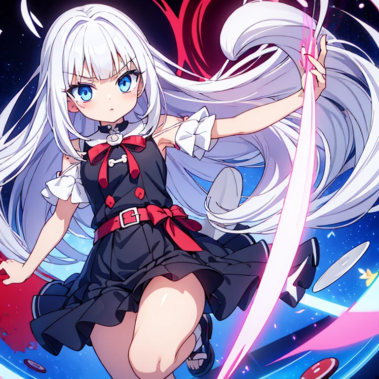 girl,white hair,Poker face,sickle,whole body,Chill,fighting,short skirt,blood,blue eyes,loli