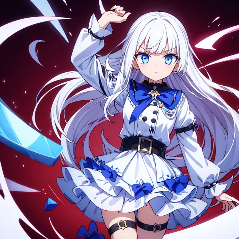 girl,white hair,Poker face,sickle,whole body,Chill,fighting,short skirt,blood,blue eyes,