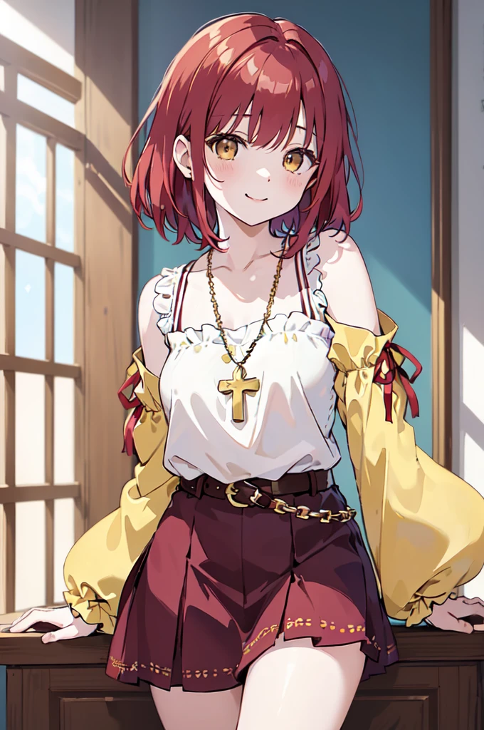 (masterpiece), (best quality), (ultra detailed),(disheveled hair),(illustration), (1woman), (( long burgundy hippie style skirt)(gold chain type belt with suns)(blue wide-sleeved blouse with yellow sun print)(blue wide-sleeved blouse)), standing, Fashion model, looking at viewer, (interview), (casual background),beautiful brown eyes, delicate beautiful face, ,(high saturation),(colorful splashes),(shining), kamisato ayaka, red hair, bangs, short hair, (shining), best lighting, best shadow. catholic cross necklace. smiling sexy. blush
