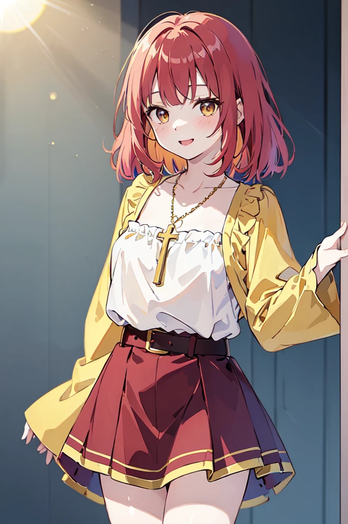 (masterpiece), (best quality), (ultra detailed),(disheveled hair),(illustration), (1woman), (( long burgundy hippie style skirt)(gold chain type belt with suns)(blue wide-sleeved blouse with yellow sun print)(blue wide-sleeved blouse)), standing, Fashion model, looking at viewer, (interview), (casual background),beautiful brown eyes, delicate beautiful face, ,(high saturation),(colorful splashes),(shining), kamisato ayaka, red hair, bangs, short hair, (shining), best lighting, best shadow. catholic cross necklace. smiling sexy. blush