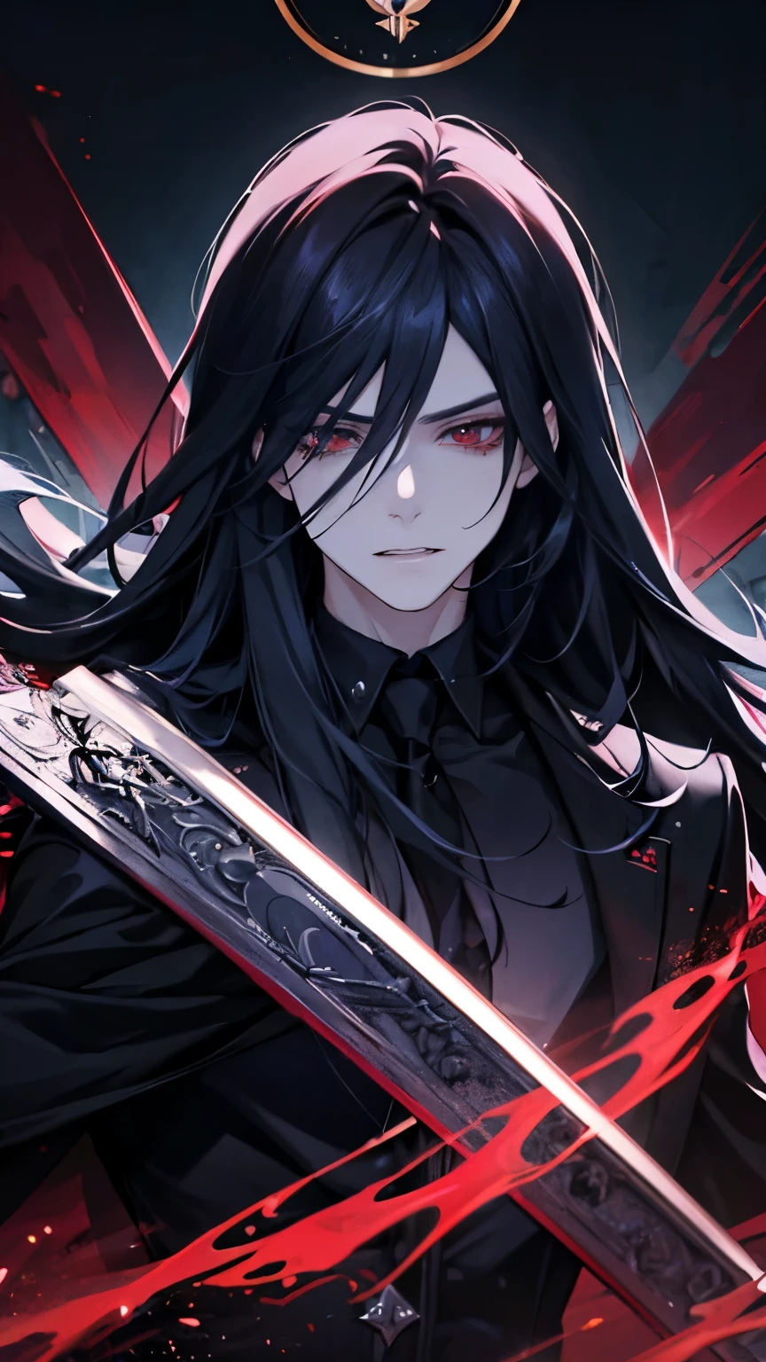(best quality), 1man，Masculinity，One with long black hair，red eyes，vampire，Open your mouth to show your fangs，Gorgeous dark atmosphere, Wear a black suit，late night