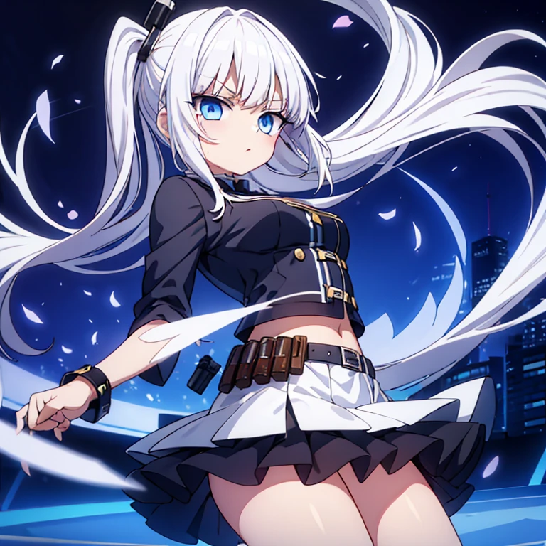 girl，white hair，Poker face，Firearms，whole body，Chill，fighting，short skirt，blood，blue eyes，