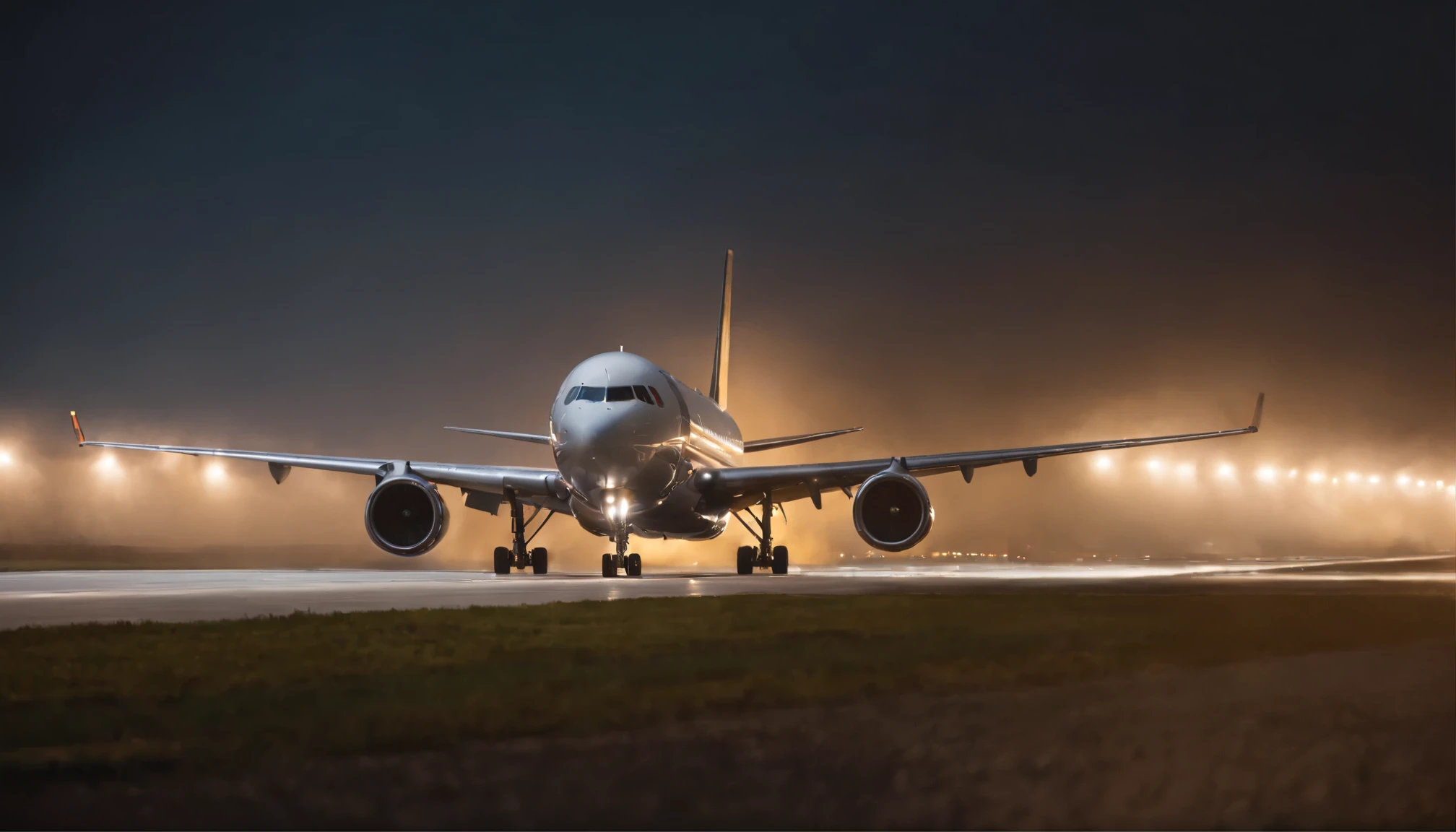 Plane taking off from illuminated runway,night,(Airbus),(detailed airplane:1.3),front,from below,Wallpaper,masterpiece,(highest quality:1.5),8K,((Super detailed:1.3)),(High resolution:1.3),(((realistic:1.4))),(((photorealistic:1.4))),(((Clearly:1.4))),(best aesthetics:1.3),(beautiful:1.3)