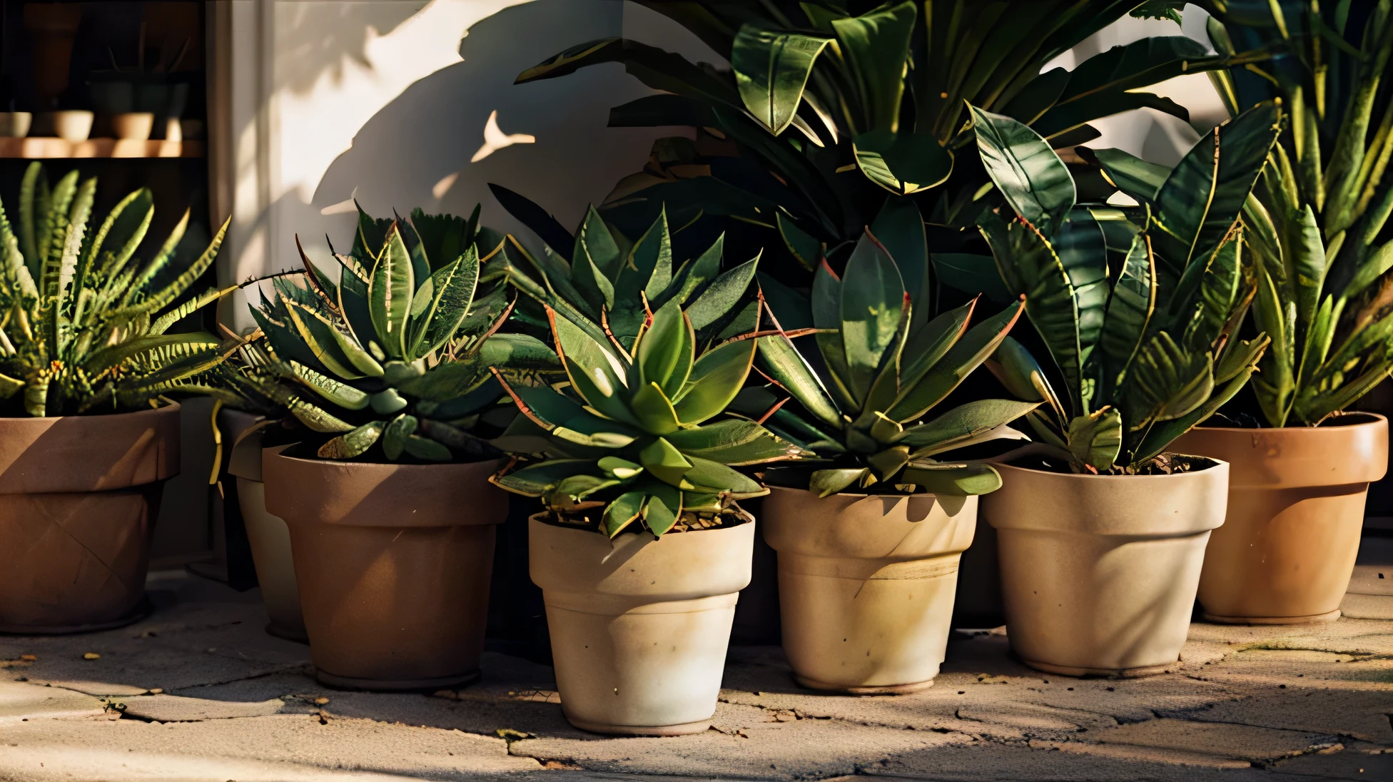 sansevieria echeveria succulent, plant shop, in the morning sunlight, warm