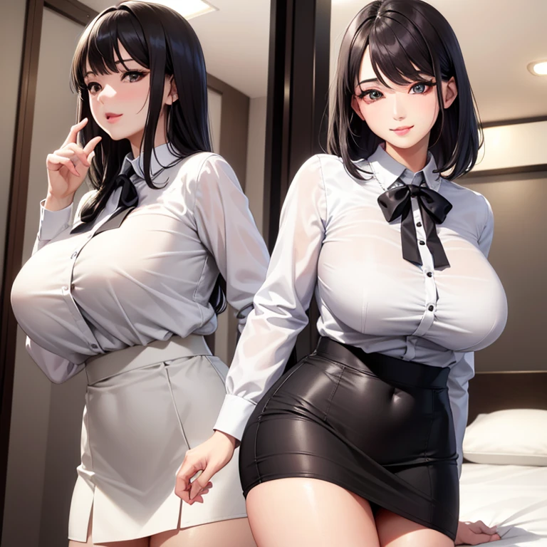 Highly detailed facial and skin texture, A detailed eye, 二重まぶた, seductiv,White color blouse,stewardess,cabelos preto e longos,Home,Black hip skirt,Big breasts don't leak, High-definition facial features,