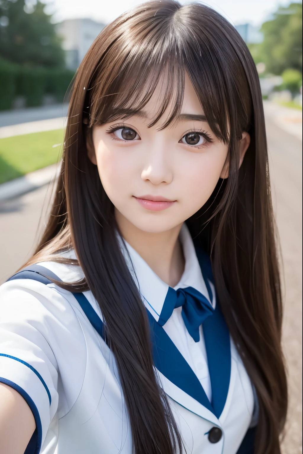 there is a woman with long hair wearing a high school uniform, 奈良美智, sakimichan, with small nose, chiho, with accurate face, cute natural anime face, japanese facial features, clear cute face, kawaii realistic portrait, asian face, 8k selfie photograph, soft makeup