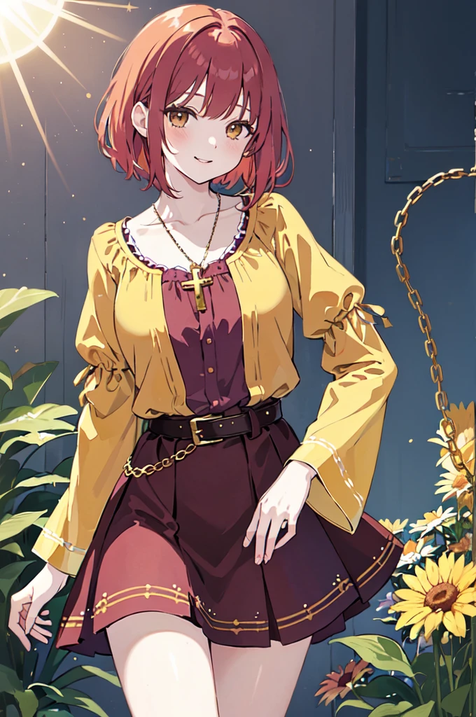 (masterpiece), (best quality), (ultra detailed),(disheveled hair),(illustration), (1woman), ((
long burgundy hippie style skirt)(gold chain type belt with suns)(blue wide-sleeved blouse with yellow sun print)(blue wide-sleeved blouse)), standing, Fashion model, looking at viewer, (interview), (casual background),beautiful brown eyes, delicate beautiful face, ,(high saturation),(colorful splashes),(shining), kamisato ayaka, red hair, bangs, short hair, (shining), best lighting, best shadow. catholic cross necklace. smiling sexy. blush