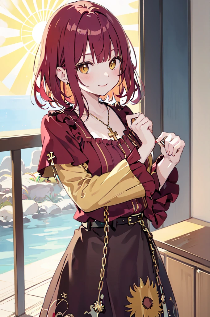 (masterpiece), (best quality), (ultra detailed),(disheveled hair),(illustration), (1woman), ((
long burgundy hippie style skirt)(gold chain type belt with suns)(blue wide-sleeved blouse with yellow sun print)(blue wide-sleeved blouse)), standing, Fashion model, looking at viewer, (interview), (casual background),beautiful brown eyes, delicate beautiful face, ,(high saturation),(colorful splashes),(shining), kamisato ayaka, red hair, bangs, short hair, (shining), best lighting, best shadow. catholic cross necklace. smiling sexy. blush