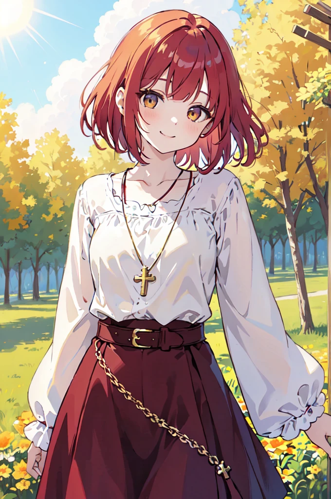 (masterpiece), (best quality), (ultra detailed),(disheveled hair),(illustration), (1woman), ((
long burgundy hippie style skirt)(gold chain type belt with suns)(blue wide-sleeved blouse with yellow sun print)(blue wide-sleeved blouse)), standing, Fashion model, looking at viewer, (interview), (casual background),beautiful brown eyes, delicate beautiful face, ,(high saturation),(colorful splashes),(shining), kamisato ayaka, red hair, bangs, short hair, (shining), best lighting, best shadow. catholic cross necklace. smiling sexy. blush 