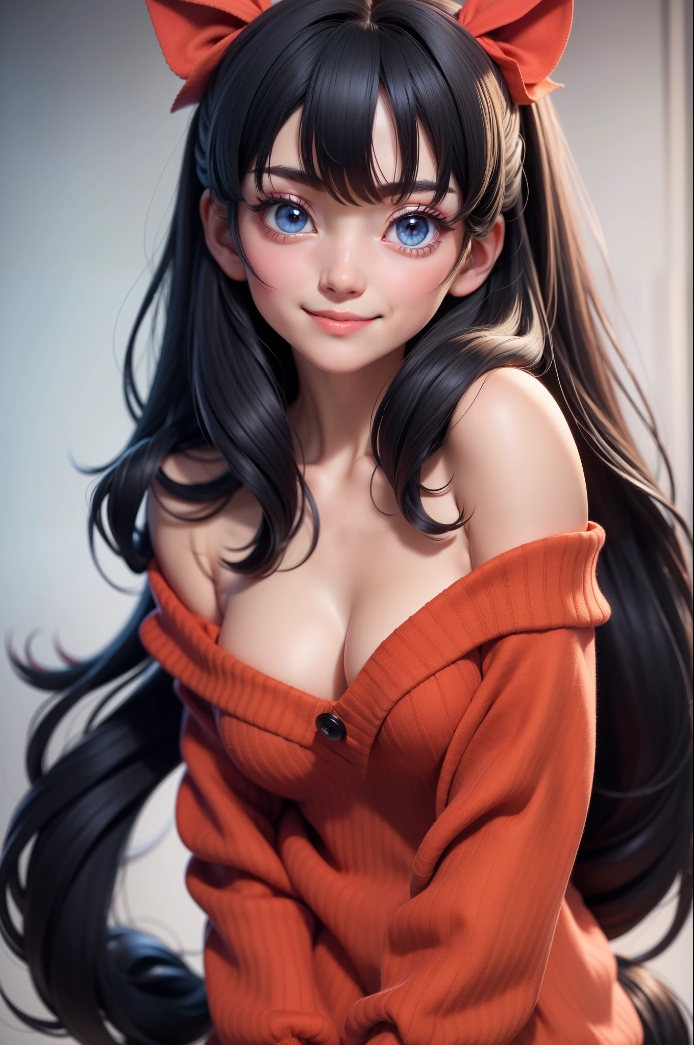 1 girl, Rin Harusaka, alone, Close-up shot，cleavage，Off the shoulder dress，long hair, sweater, red sweater, looking at the audience,  black hair, blue eyes,  Bangs,  sweater, Upper body, parted Bangs, black ribbon, ribbed sweater, Double tail, Smile