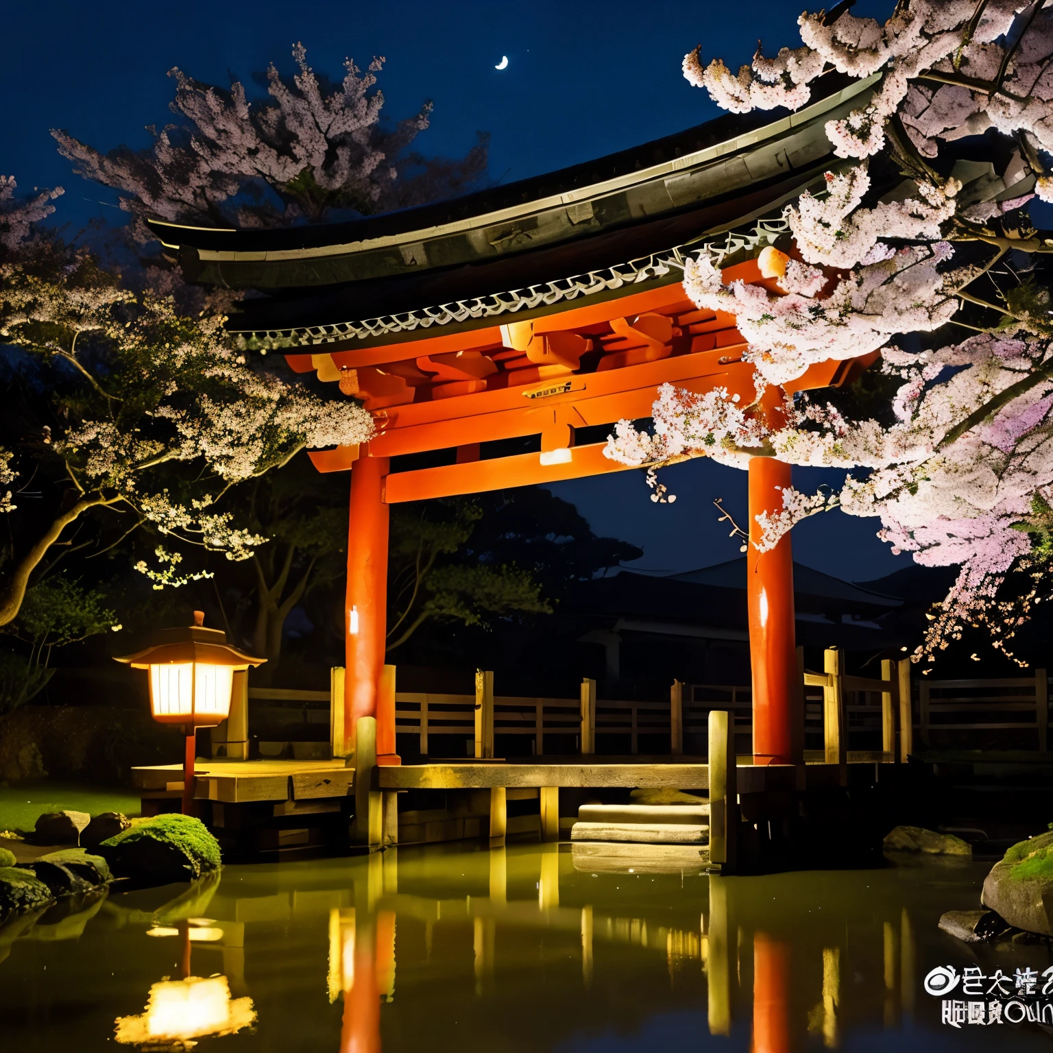 moon,moon面,A Japanese shrine,Rainbow colored stream under the torii gate,背景に大きい満moon,The cherry blossoms dance,Highly realistic