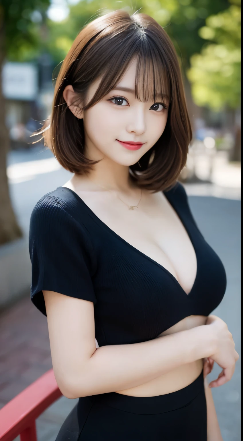 table top, highest quality, figure, super detailed, finely, High resolution, 8k wallpaper, 完璧なダイナミックな構figure, beautiful and fine eyes, ladies fashion summer,short bob hair,small breasts natural color lip, bold sexy pose,smile,Harajuku、20 year old girl、cute、sexy shot looking at camera