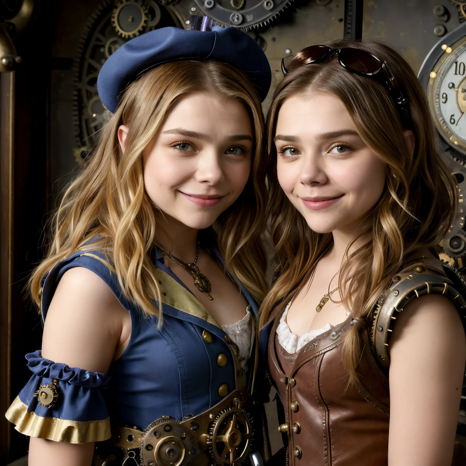 ((best quality)), ((masterpiece)), pretty smile with cure dimples, ((Photo-realistic)), (detailed), ((Chloe Grace Moretz)), ((2 pretty Steampunk girls)),