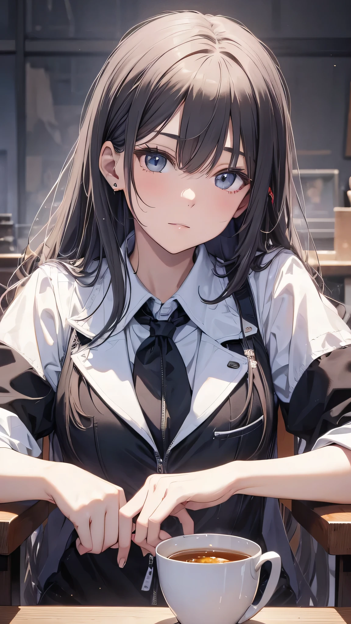 最high quality、best image quality、masterpiece、teenage girl((18-year-old、 By becoming、vest bust、medium bust,wide open breast tea、black eye, gray hair、long hair、thin,highest valley、Black Y-shirt、Black Recruit Suit,Have a document、face forward、sit on a chair、Uncomfortable、take one day off'jaw on one'jaw、leaning forward)),high quality、beautiful art、background((company office))debris flies、Depth of written boundary、movie、visual art、perfect art、8K,genuine