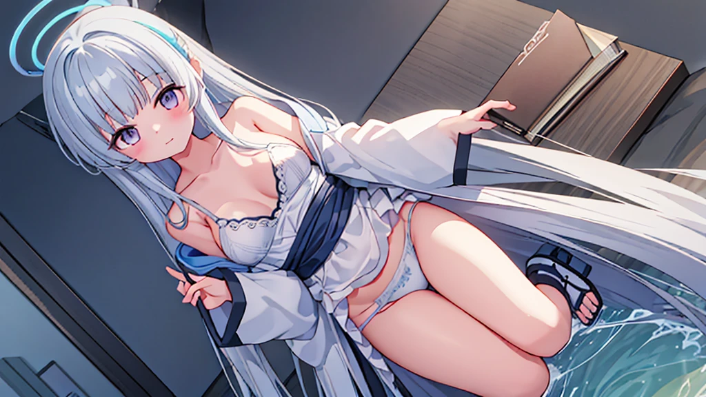 8K,Kiana Kaslana、Gray Hair、Long Hair、blue eyes、、Cute face、((nsfw,Water color bikini,micro bikini,Medium chest))、(Background Space、night、Inside the spaceship、indoor,On a plush bed)Detailed e(masterpiece), best quality, ultra-detailed, illustration, an extremely delicate and beautiful,Cyberpunk Style、Sexy pose、Angle from below、Stick your butt out