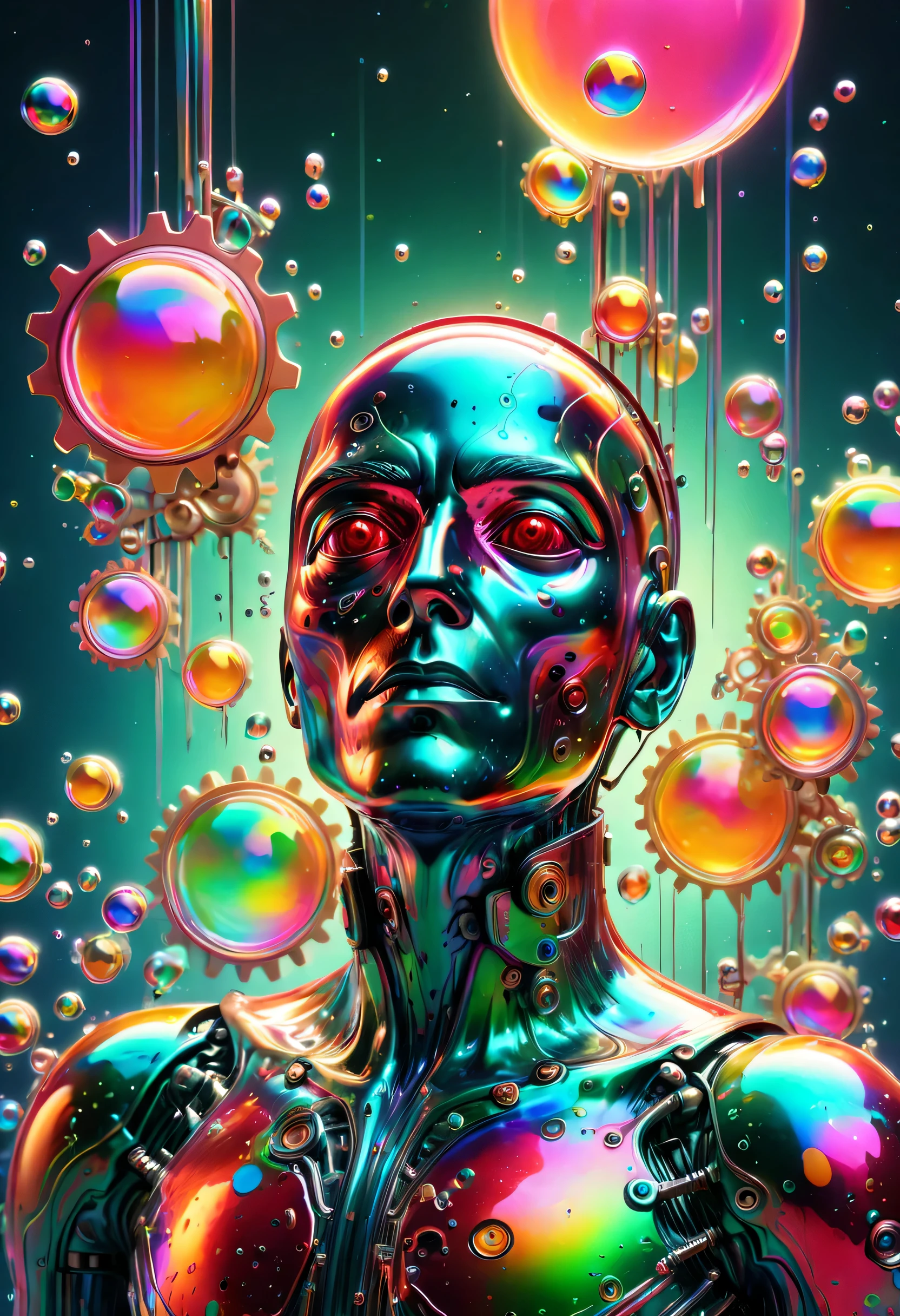 stringy viscous liquid，Drilled out colorful metal man portrait，Mechanical gears，neon gradient，（Colorful bubbles rise into the sky，vaporwave：1.37），（Laser colorful light waves），Metal refraction，（many liquid bubbles：1.37）、Colorful gradient geometric art and other elements，The collision of future elements and retro elements、recombination。Exaggerated artistic expression，concept art, Red，green，blue