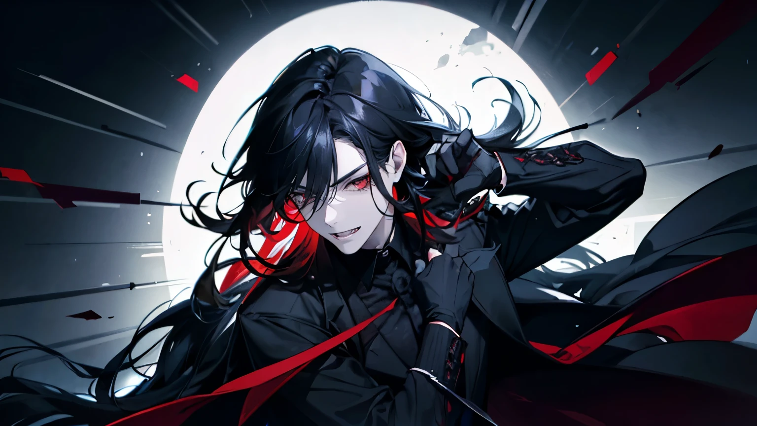 (best quality), 1man,Masculinity,One with long black hair,red eyes,vampire,Open your mouth to show your fangs,Gorgeous dark atmosphere, Wear a black suit,late night