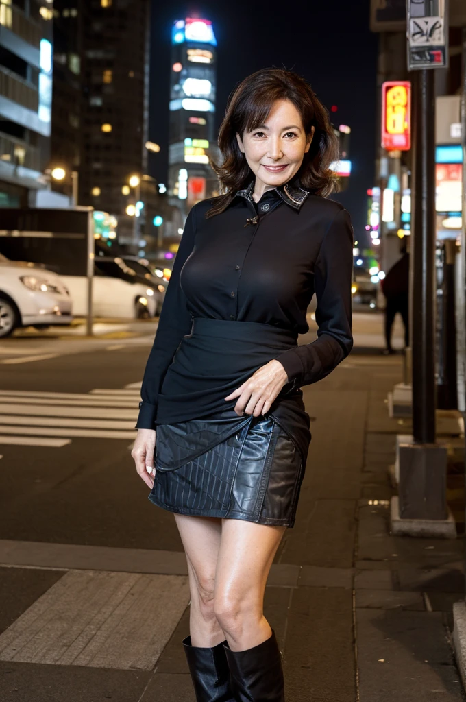 masterpiece, best quality, 16K, city, old woman, happy, smiling, standing, looking at viewer, front view, long hair, wave hair, black hair, eyes open, (makeup:1.31), (large breasts:1.32), (wrinkles corners eyes:1.48), (nasolabial:1.48), (old skin:1.48), pale skin, freckled skin, wrinkles skin, (old muscles:1.2), slender, (office lady, suit), (mini tight skirt), (collared shirt), (high-heels), piercing, necklace, boots, 50-year-old, old, elderly, japanese, outside, in the city, at night, real person, ultra realistic photo, nsfw, full body shot, front view