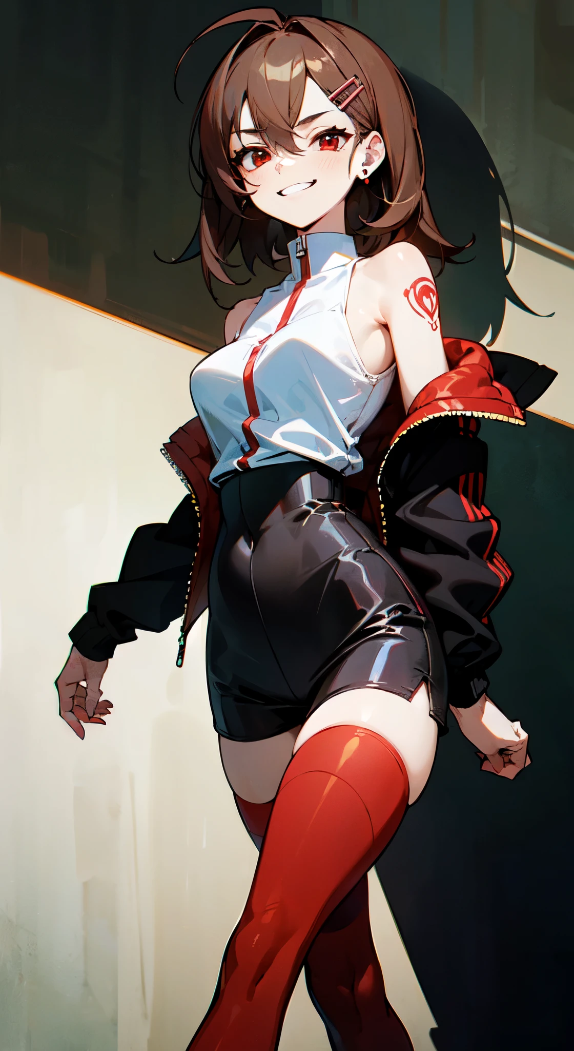 (masterpiece, sidelighting, finely detailed red eyes: 1.2), ((best quality)), ((masterpiece)), (highly detailed:1.3), anime, young girl, , childish body, bodytight shirt, open jacket with bare shoulders, oversized shorts, dark-grey shorts, pale skin, (shadowed eyes, darkened eyes), (smirk, mischevious grin), (long hair, brown hair, messy haircut, hair between eyes, hairclips on left side), ((red stripped tights with black lines)), earrings, red tatto on left hand, hands behind back, scar on left hip, solo, 1girl, walking down the street,
