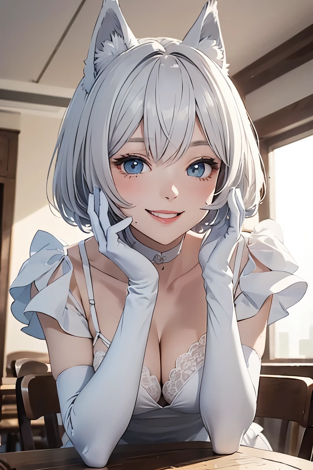 table top High level image quality best image quality 8k adult woman whole body portrait pure white long gloves(elbow gloves) white mini dress white wolf ears short hair((shortcut)(gray hair)(perm)(fluffy)) eye color is blue attractive face((laughter)(smile)(open your mouth)) sat cross-legged look forward sexy pose