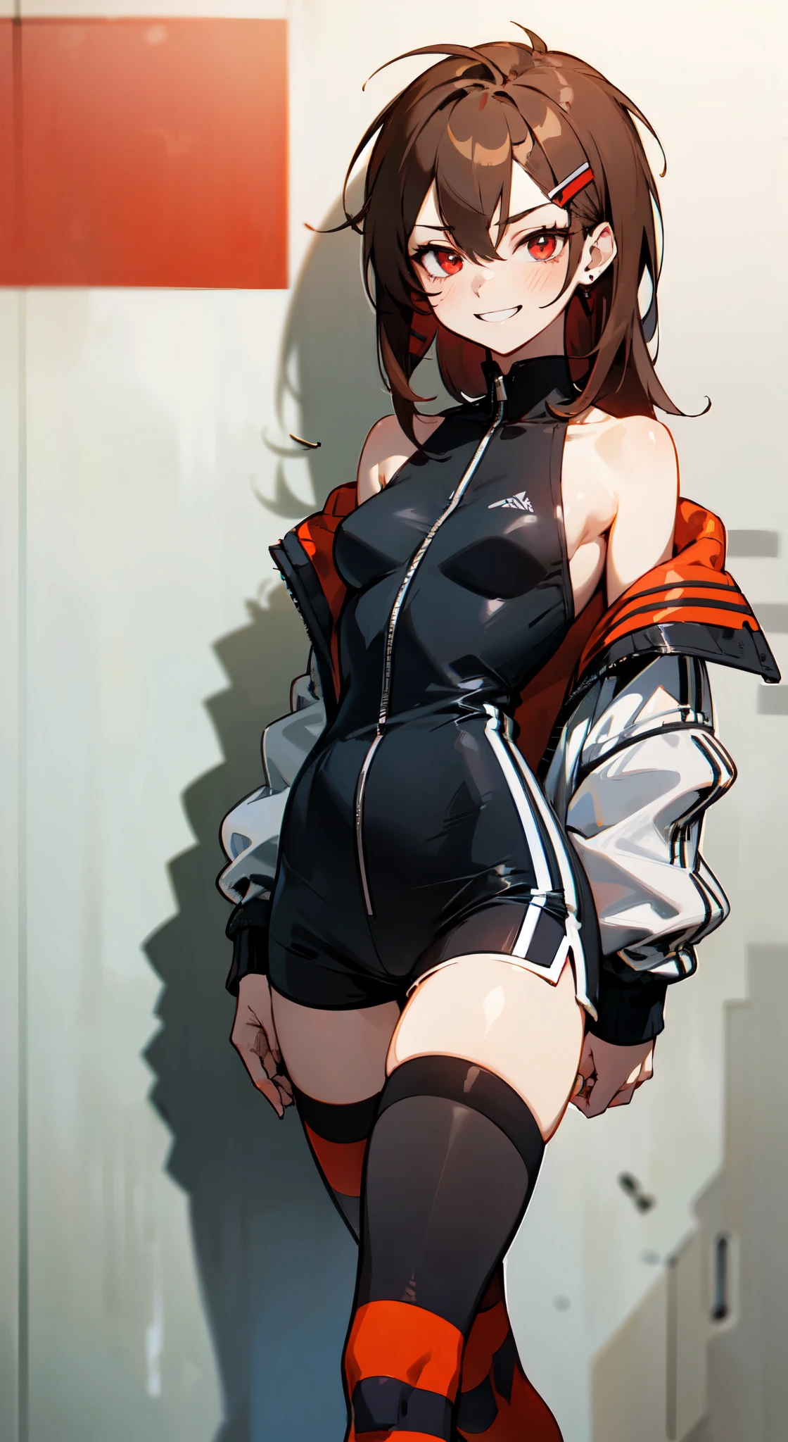 (masterpiece, sidelighting, finely detailed red eyes: 1.2), ((best quality)), ((masterpiece)), (highly detailed:1.3), anime, young girl, , childish body, bodytight shirt, open jacket with ???? shoulders, oversized shorts, dark-grey shorts, pale skin, (shadowed eyes, darkened eyes), (smirk, mischevious grin), (long hair, brown hair, messy haircut, hair between eyes, hairclips on left side), ((red stripped tights with black lines)), earrings, red tatto on left hand, hands behind back, scar on left hip, solo, 1girl, walking down the street,