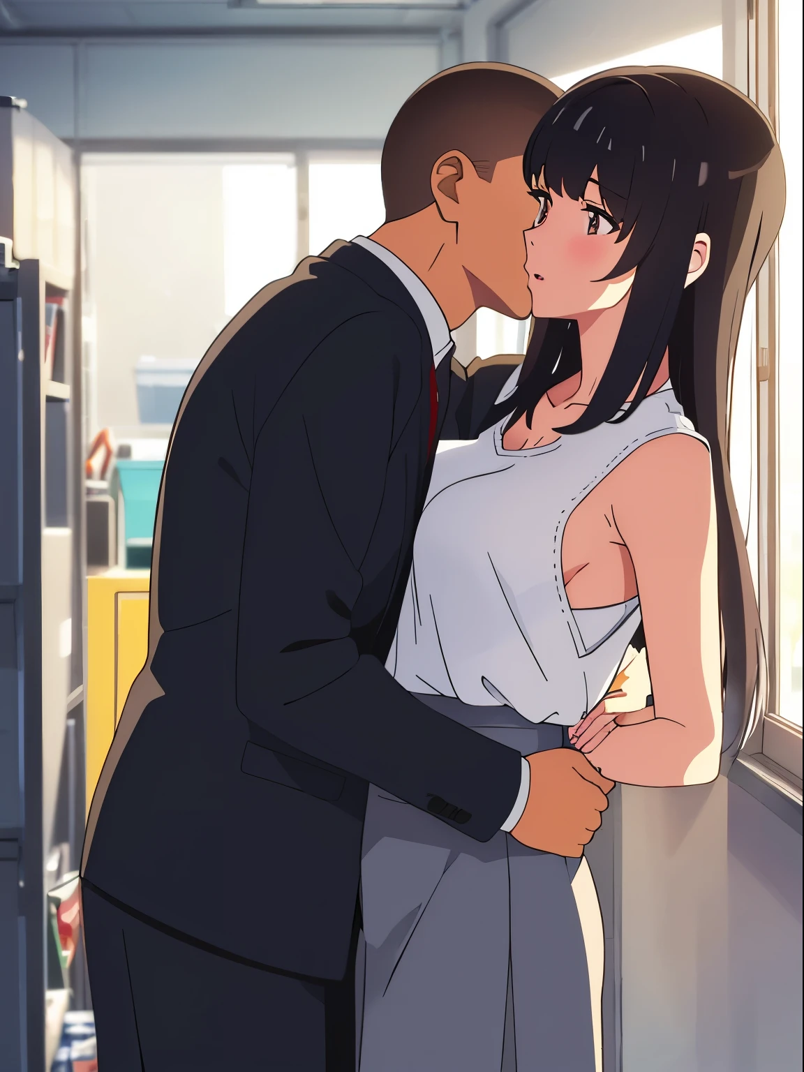 shinkai makoto, kimi no na wa., 1boy, buzzcut,office suit, boy caressing girl's body, kiss cheeks, passionate hug, boy is hugging from behind, breast groping from behind, 1girl, bangs, black hair, brown eyes, open mouth, Twisted Half Up, red ribbon, long hair, topless, medium breast, nipples, long gray skirt, storage room, indoors, masterpiece, perfect anatomy, cowboyshot