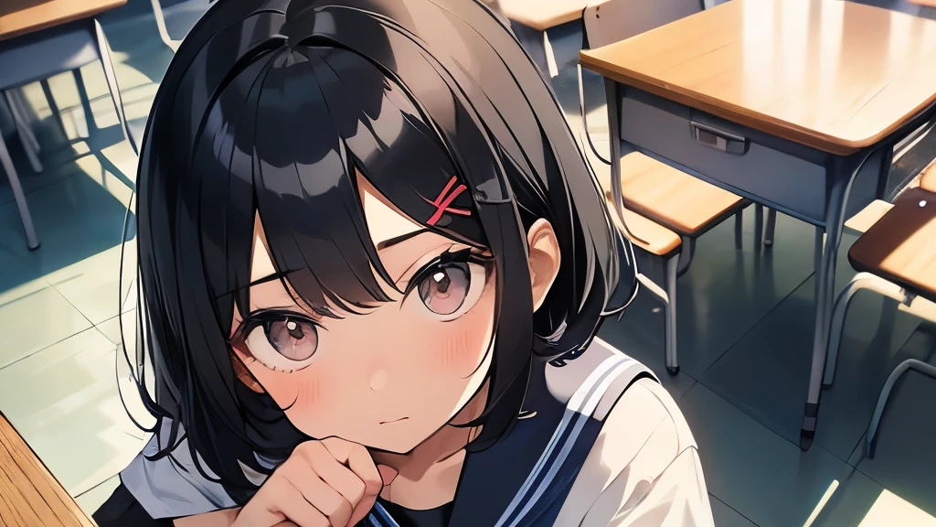 upward glance、Hair is black、energetic high school student、18old girl、hair cut short、cute、In summer clothes、Sarah Clothes、eyes are black、In the classroom、soaked、surprised face、sitting on the floor